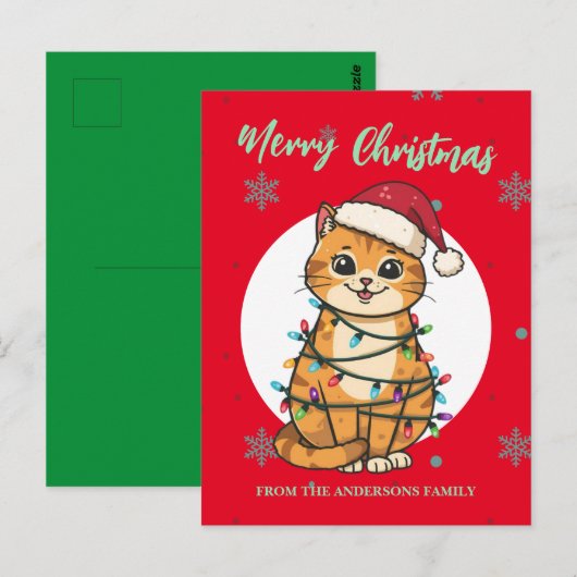Moderne rode vrolijke kat sneeuwvlok Kerstmis kitt Briefkaart (Voorkant / Achterkant)