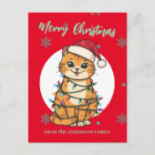 Moderne rode vrolijke kat sneeuwvlok Kerstmis kitt Briefkaart (Voorkant)
