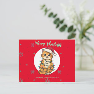 Moderne rode vrolijke kat sneeuwvlok Kerstmis kitt Feestdagenkaart