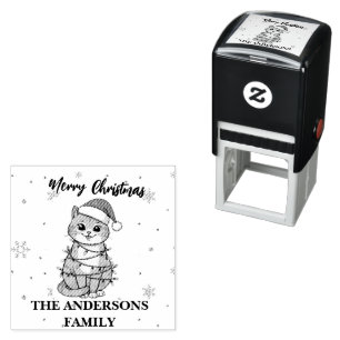 Moderne rode vrolijke kat sneeuwvlok Kerstmis kitt Zelfinktende Stempel