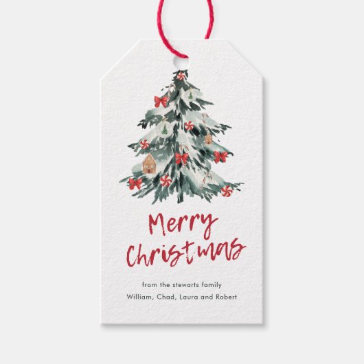 Moderne rode vrolijke kerst chique vakantieboom cadeaulabel (Voorkant)