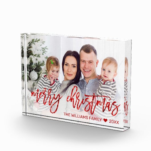 Moderne Rode Vrolijke Kerstmis Glitter Script Fami Fotoblokken (Rechts)