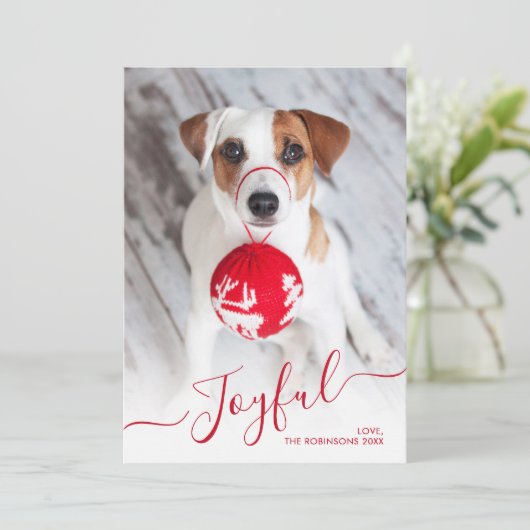 Moderne Rode Vrolijke Script 2 Foto Kerstmis Feestdagenkaart (Staand voorkant)