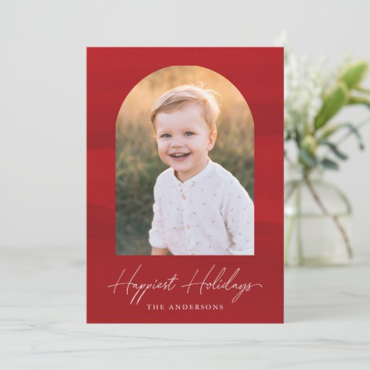 Moderne rode Waterverf boog foto Feestdagenkaart (Staand voorkant)