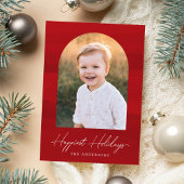 Moderne rode Waterverf boog foto Feestdagenkaart