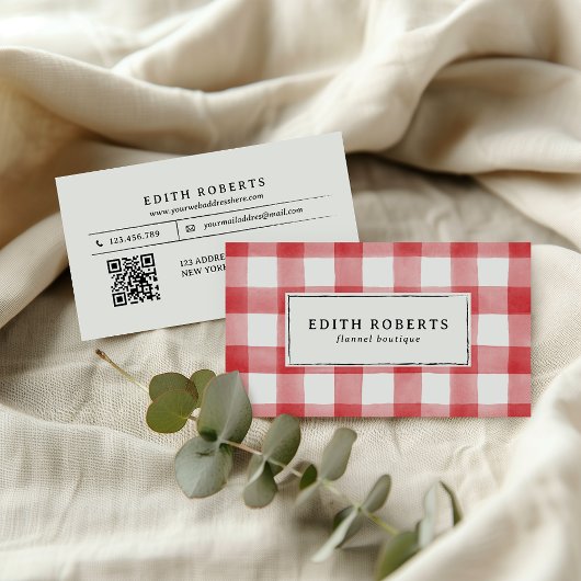 Moderne Rode Waterverf Buffalo Plaid QR CODE Visitekaartje