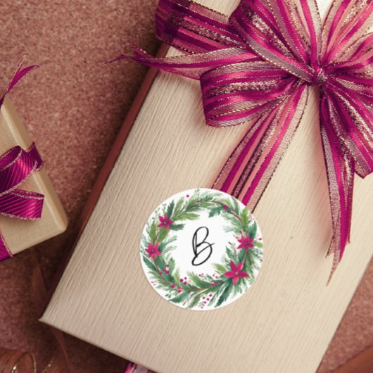 Moderne Rode Waterverf Kerstkrans Monogram Ronde Sticker