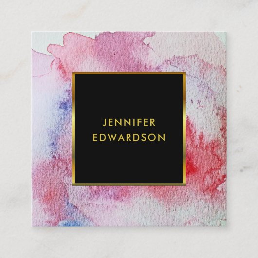 Moderne rode waterverf met gouden zwarte lijst vierkante visitekaartje (Voorkant)