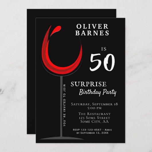 Moderne rode wijn 50e verjaardag verrassingsfeest kaart (Voorkant / Achterkant)