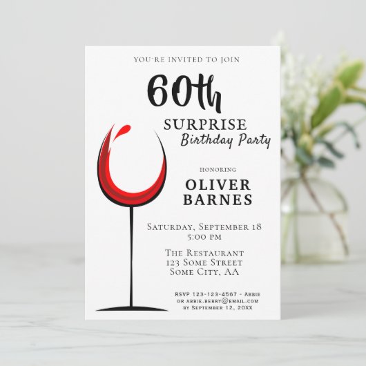 Moderne rode wijn 60e verjaardag verrassingspartij kaart (Staand voorkant)