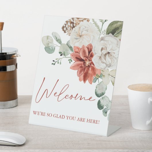 Moderne Rode Winter Kerstmis Bruids Welkomstbord Reclamebord Met Voetstuk (Insitu)