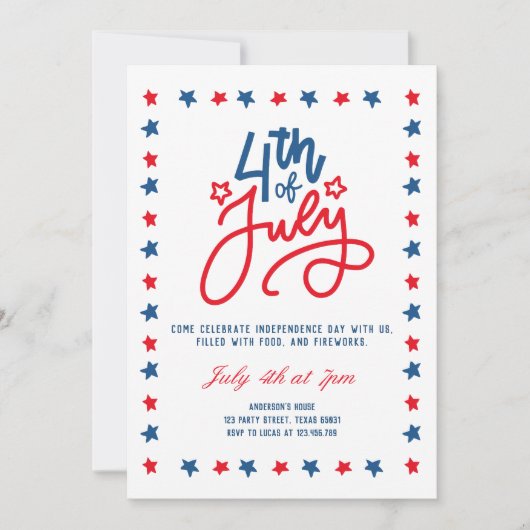 Moderne rode, witte en blauwe 4 juli dinerfeest kaart (Voorkant)
