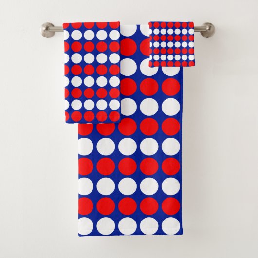 Moderne rode witte gestippelde strepen op blauw bad handdoek (Insitu)