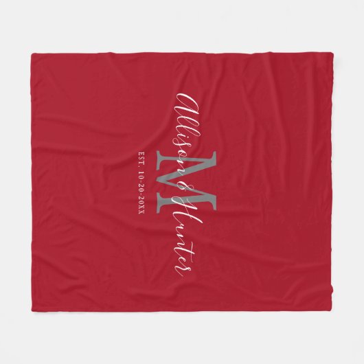 Moderne Rode Witte Manusparen Monogramme Naam Fleece Deken (Voorkant (Horizontaal))