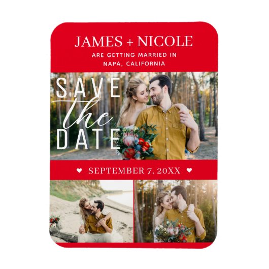 Moderne Rode & Witte Save the Date Huwelijk 3 Foto Magneet (Verticaal)
