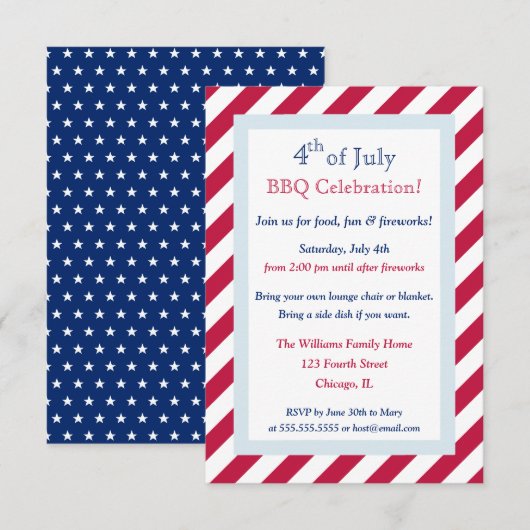 Moderne Rode Witte Stripes op 4 juli BBQ Party Kaart (Voorkant / Achterkant)