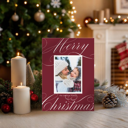 Moderne Rode Zalig Kerstfeest Elegant Script Foto Kaart