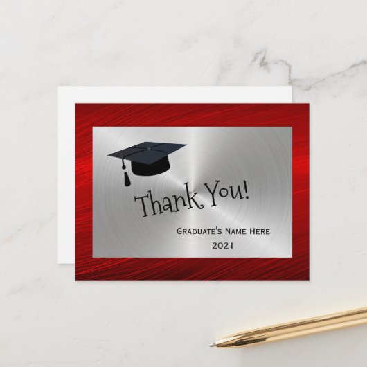 Moderne Rode Zilveren Hoed Dank Je Afstudeercadeau Briefkaart (Voorkant / Achterkant in situ)