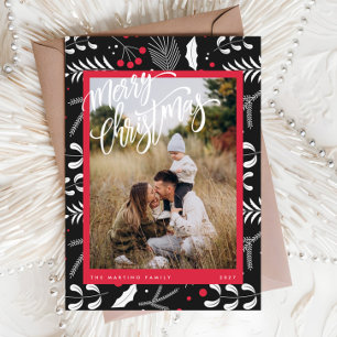 Moderne Rode Zwarte Folk Bloemen Foto Kerst Kaart