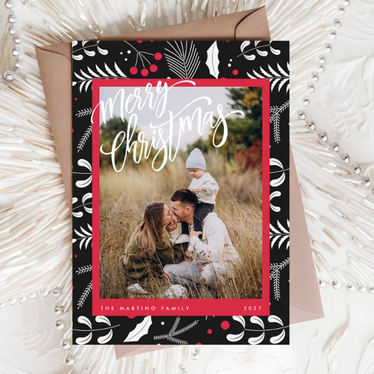 Moderne Rode Zwarte Folk Bloemen Foto Kerst Kaart