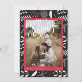 Moderne Rode Zwarte Folk Bloemen Foto Kerst Kaart (Voorkant)