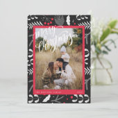 Moderne Rode Zwarte Folk Bloemen Foto Kerst Kaart (Staand voorkant)