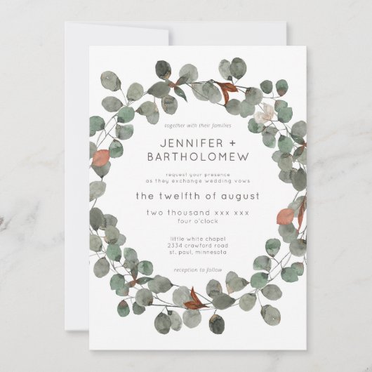 Moderne Roest Groene Eucalyptus Krans Huwelijk Kaart (Voorkant)