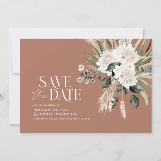 Moderne roestachtige eucalyptus botanische QR-code Save The Date (Voorkant)