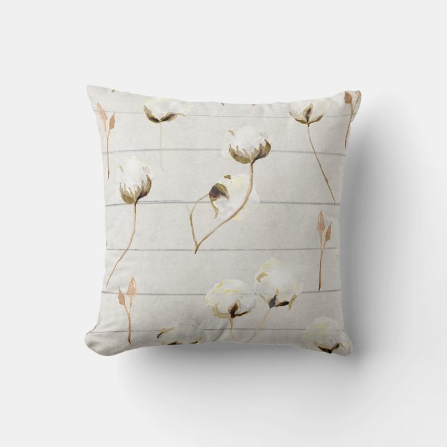 Moderne Roestbakkerij Cotton Boll Shiplap Wood Kussen (Voorkant)