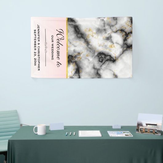 Moderne rokergrijze marmer met gouden ribbon bruil spandoek (Beurs)