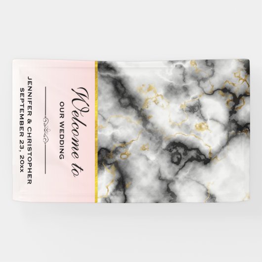 Moderne rokergrijze marmer met gouden ribbon bruil spandoek (Horizontaal)