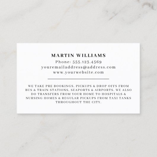 Moderne rolstoeltoegankelijke taxichauffeur visitekaartje (Achterkant)