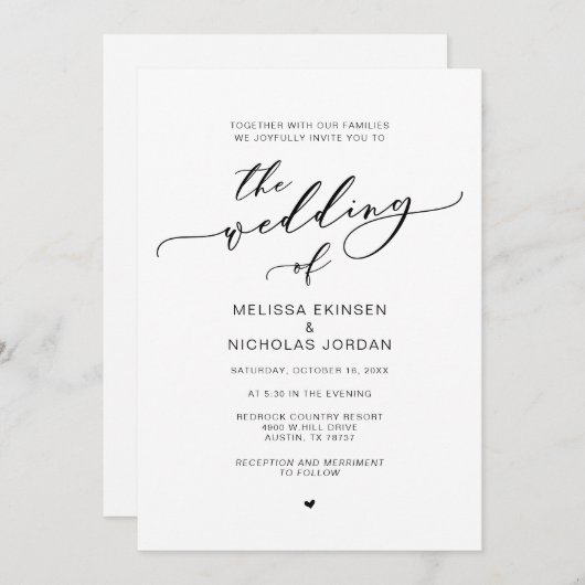 Moderne Romance, Zwarte kalligrafie bruiloft Kaart (Voorkant / Achterkant)