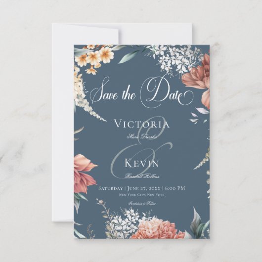 Moderne romantische blauwe tuin bloemenbruiloft save the date (Voorkant)