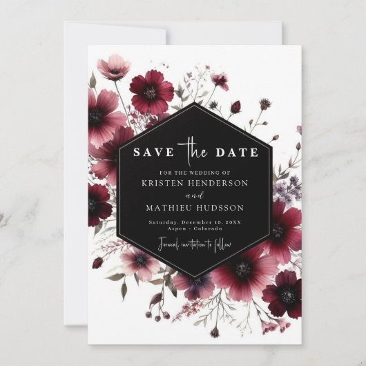 Moderne romantische Bourgondische bruiloft Save The Date (Voorkant)
