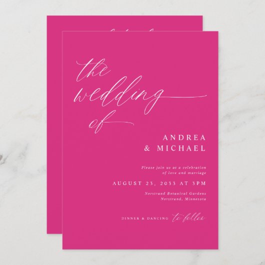 Moderne romantische bruiloft magenta roze heet roz kaart (Voorkant / Achterkant)