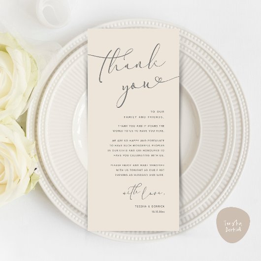 Moderne romantische bruiloft receptie dank u kaart