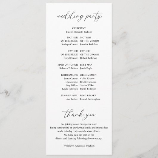 Moderne romantische delicate elegante bruiloft programmakaart (Achterkant)