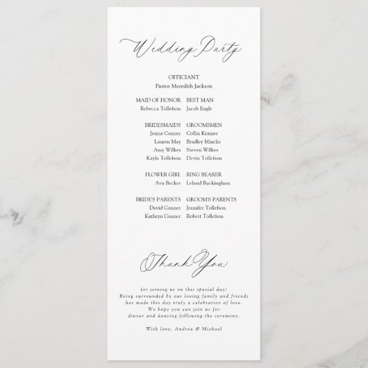 Moderne romantische delicate elegante bruiloft programmakaart (Achterkant)