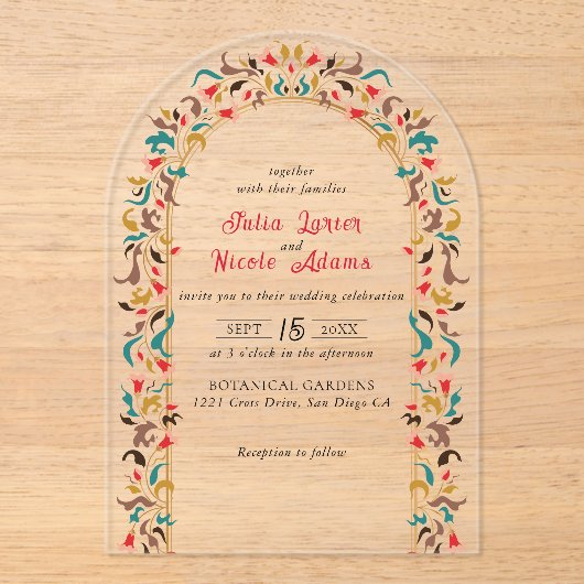 Moderne romantische elegante bloemenkrans bruiloft acryl uitnodigingen (Voorkant)