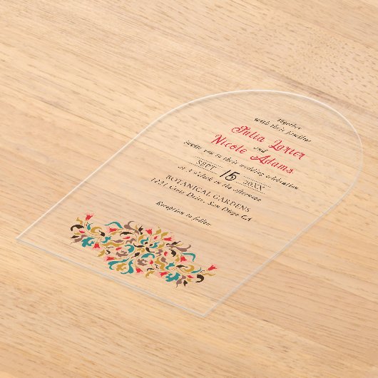 Moderne romantische elegante bloemenkrans bruiloft acryl uitnodigingen (Laagn)