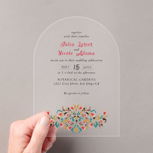 Moderne romantische elegante bloemenkrans bruiloft acryl uitnodigingen (Insitu (Draagbaar))