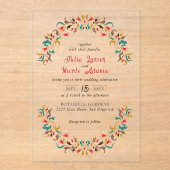 Moderne romantische elegante bloemenkrans bruiloft acryl uitnodigingen (Voorkant)