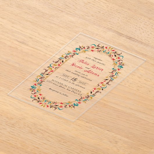 Moderne romantische elegante bloemenkrans bruiloft acryl uitnodigingen (Laagn)