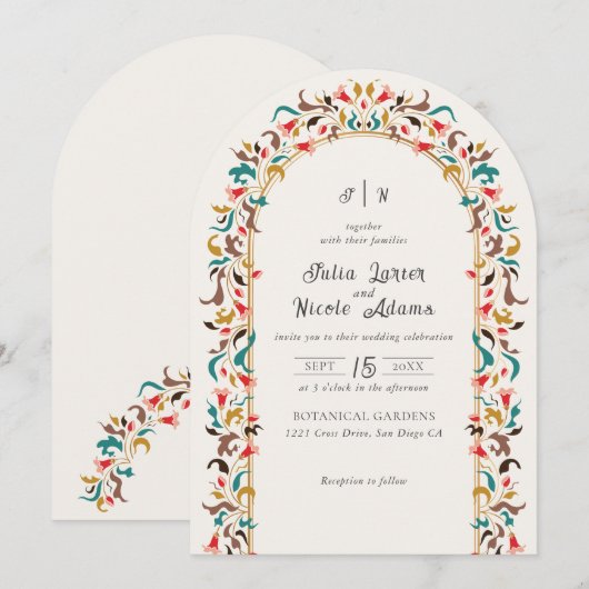 Moderne romantische elegante bloemenkrans bruiloft kaart (Voorkant / Achterkant)