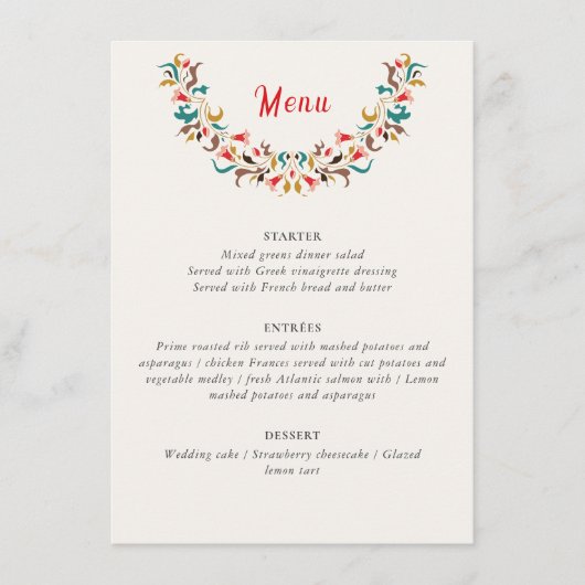 Moderne romantische elegante bloemenkrans bruiloft menu (Voorkant)