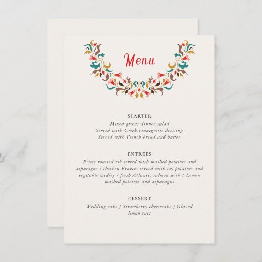 Moderne romantische elegante bloemenkrans bruiloft menu (Voorkant / Achterkant)