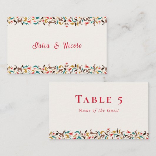 Moderne romantische elegante bloemenkrans bruiloft plaatskaartje (Voorkant / Achterkant)