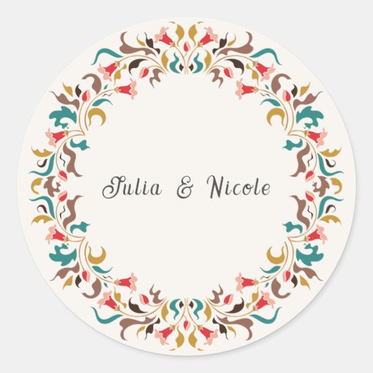 Moderne romantische elegante bloemenkrans bruiloft ronde sticker (Voorkant)