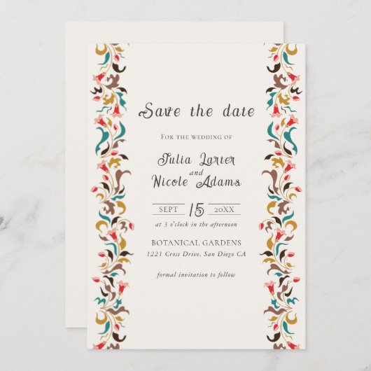 Moderne romantische elegante bloemenkrans bruiloft save the date (Voorkant / Achterkant)